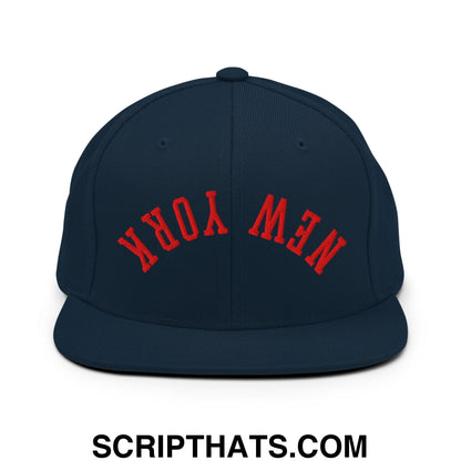 Upside Down New York Red Embroidered Flat Bill Brim Snapback Hat Dark Navy
