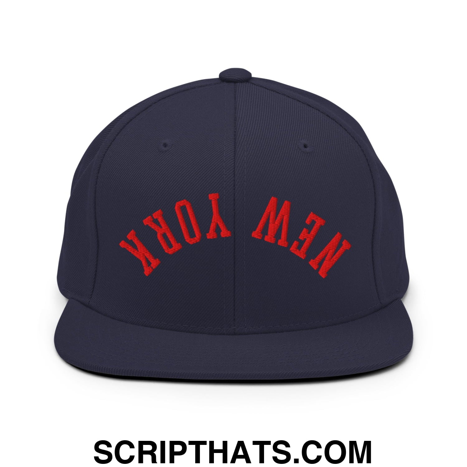 Upside Down New York Red Embroidered Flat Bill Brim Snapback Hat Navy