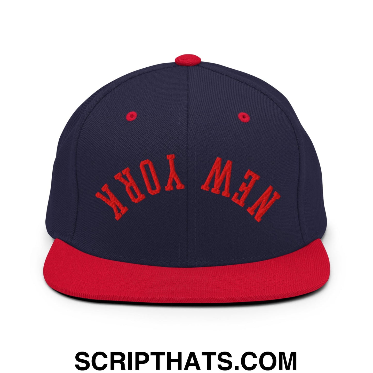 Upside Down New York Red Embroidered Flat Bill Brim Snapback Hat Navy Red