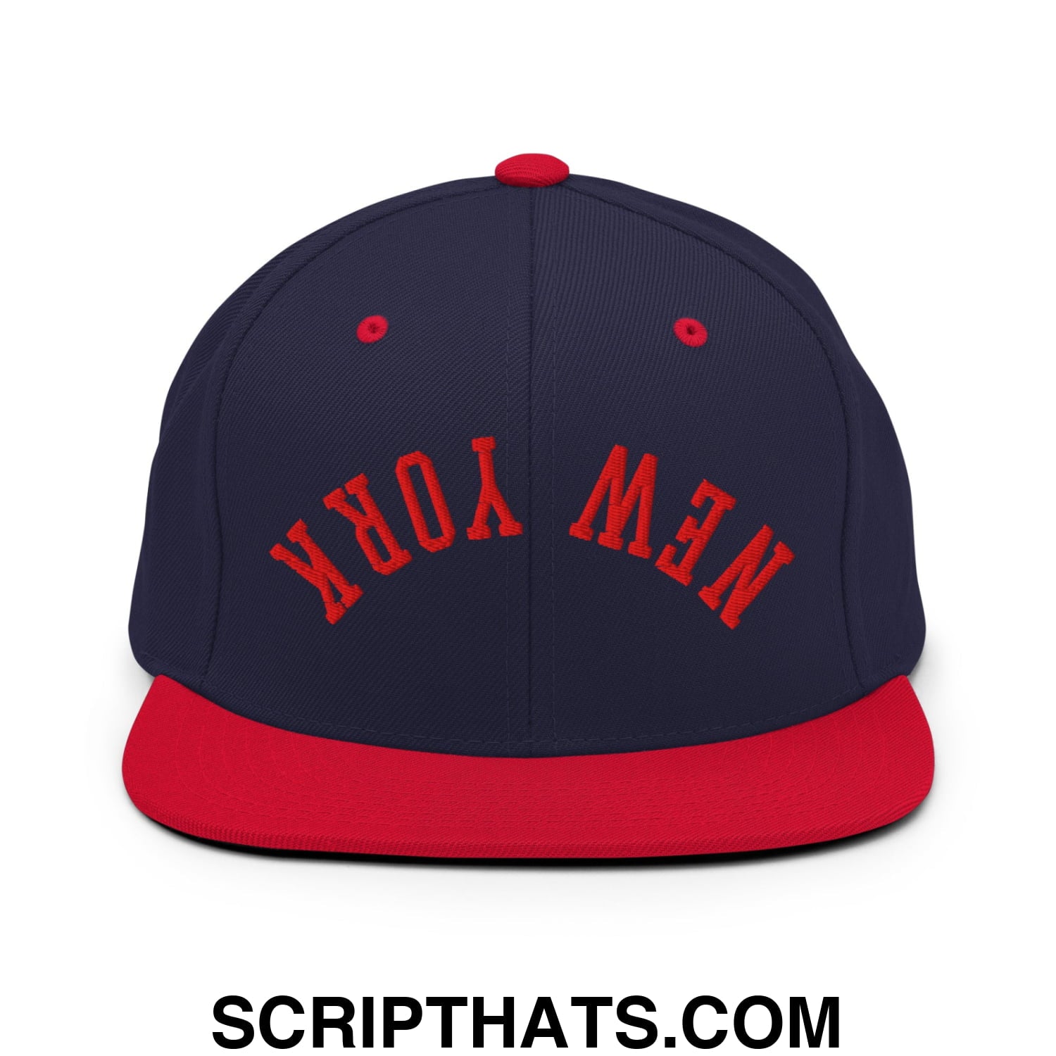 Upside Down New York Red Embroidered Flat Bill Brim Snapback Hat Navy Red
