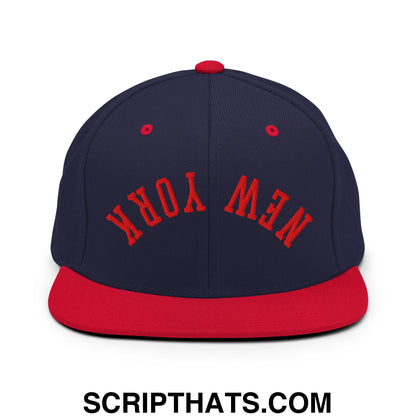 Upside Down New York Red Embroidered Flat Bill Brim Snapback Hat Navy Red