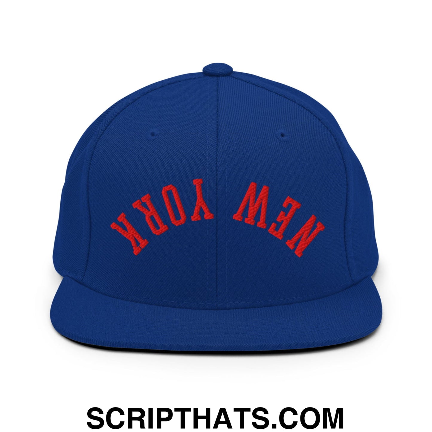 Upside Down New York Red Embroidered Flat Bill Brim Snapback Hat Royal Blue