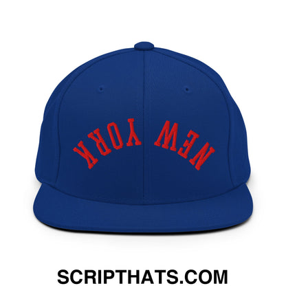 Upside Down New York Red Embroidered Flat Bill Brim Snapback Hat Royal Blue