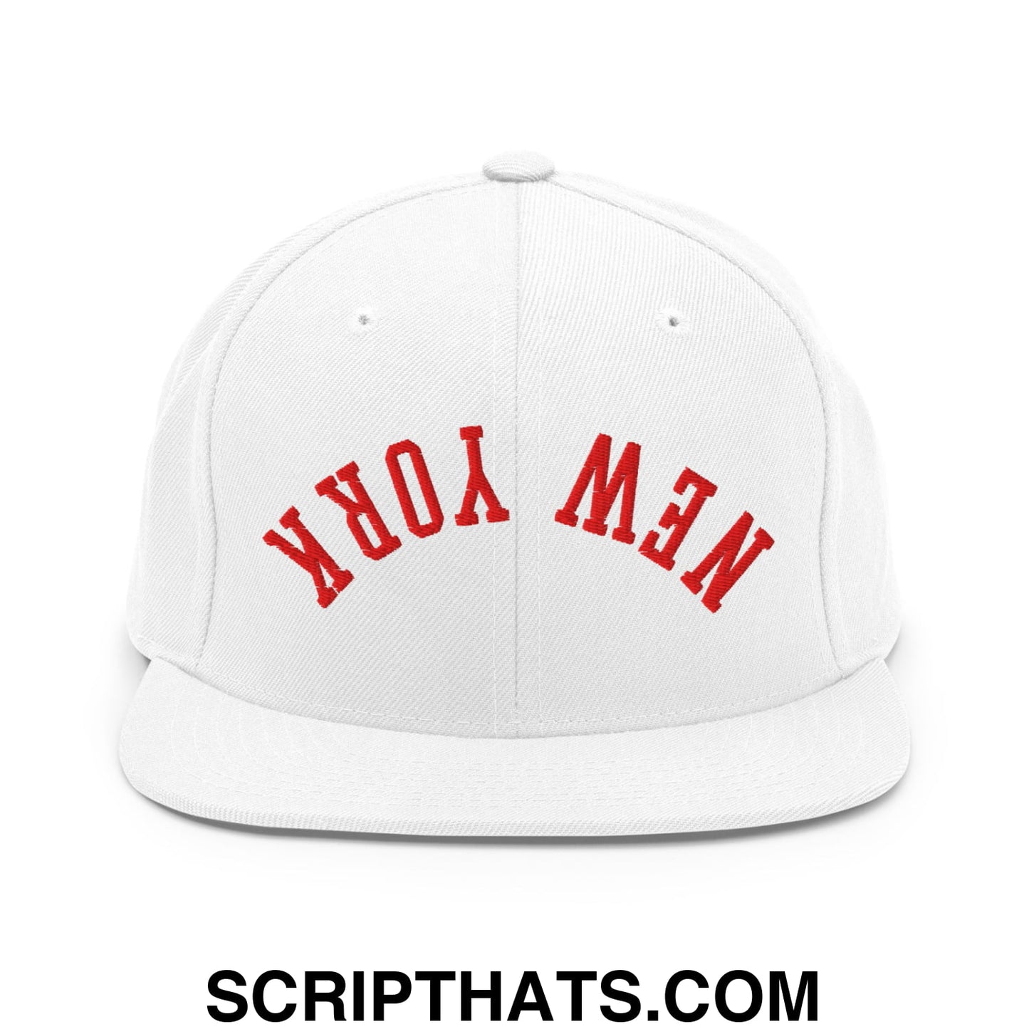 Upside Down New York Red Embroidered Flat Bill Brim Snapback Hat White