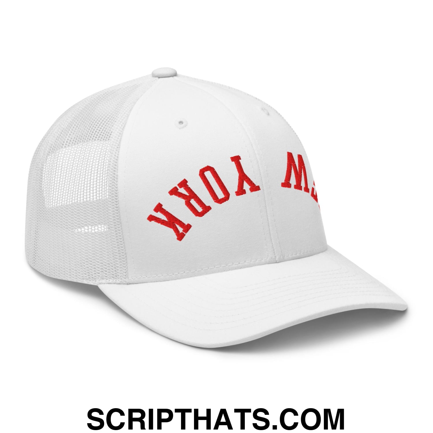Upside Down New York Red Embroidered Mesh Trucker Hat White