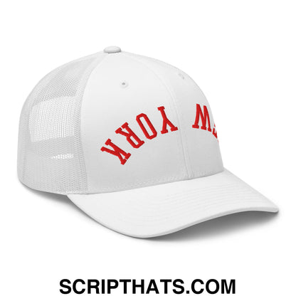 Upside Down New York Red Embroidered Mesh Trucker Hat White