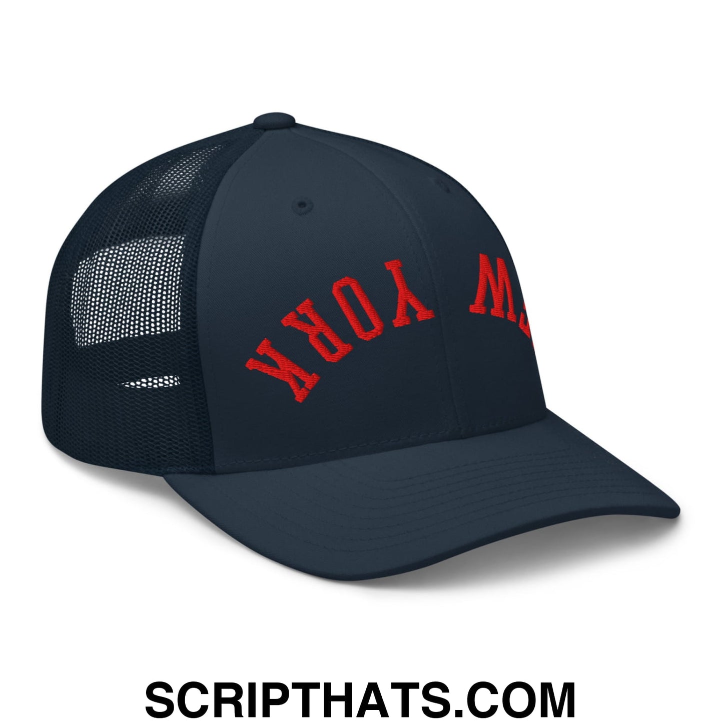 Upside Down New York Red Embroidered Mesh Trucker Hat Navy