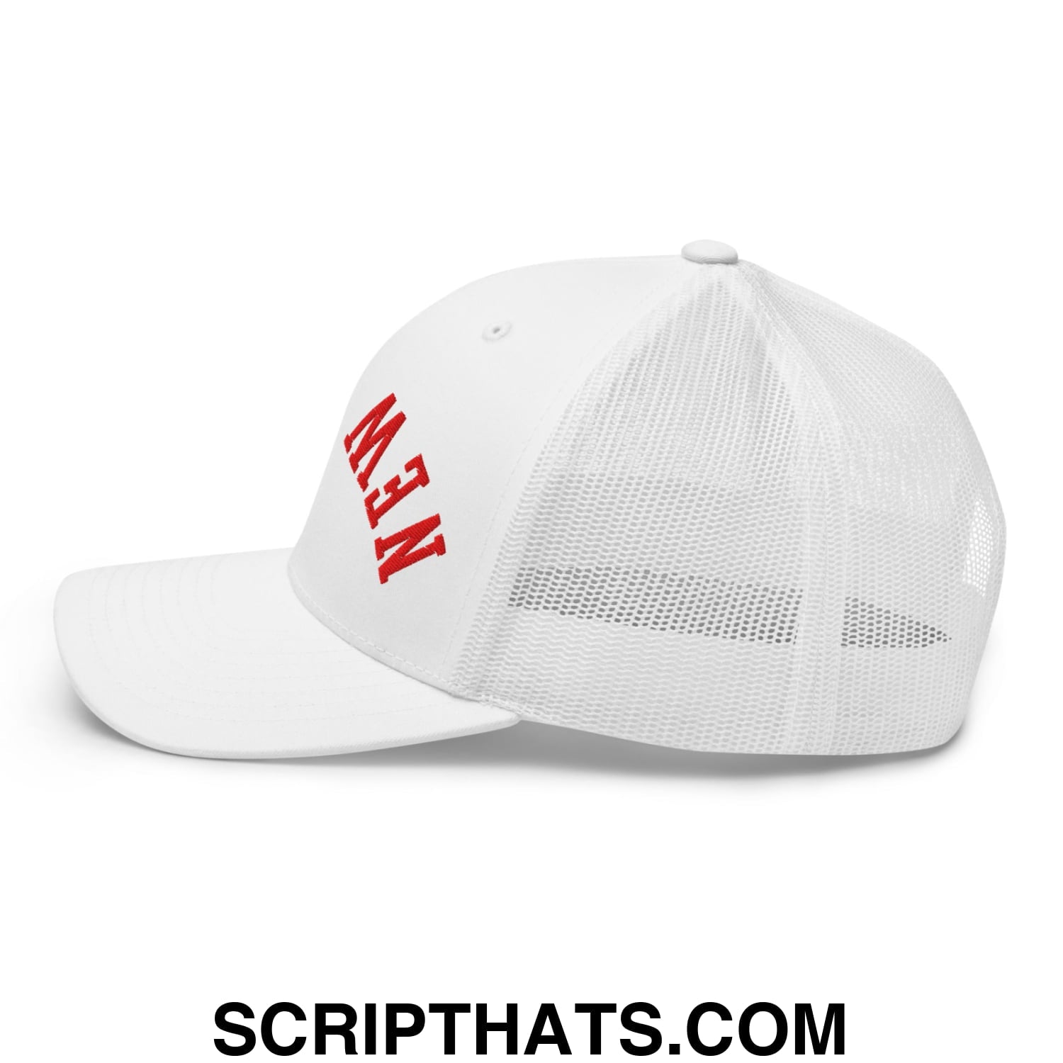 Upside Down New York Red Embroidered Mesh Trucker Hat White