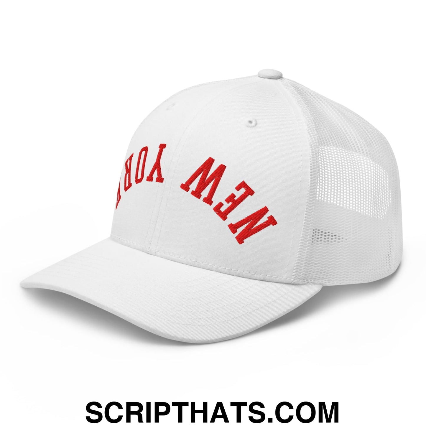 Upside Down New York Red Embroidered Mesh Trucker Hat White
