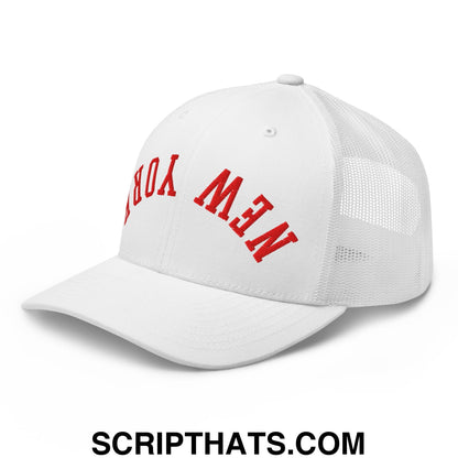 Upside Down New York Red Embroidered Mesh Trucker Hat White