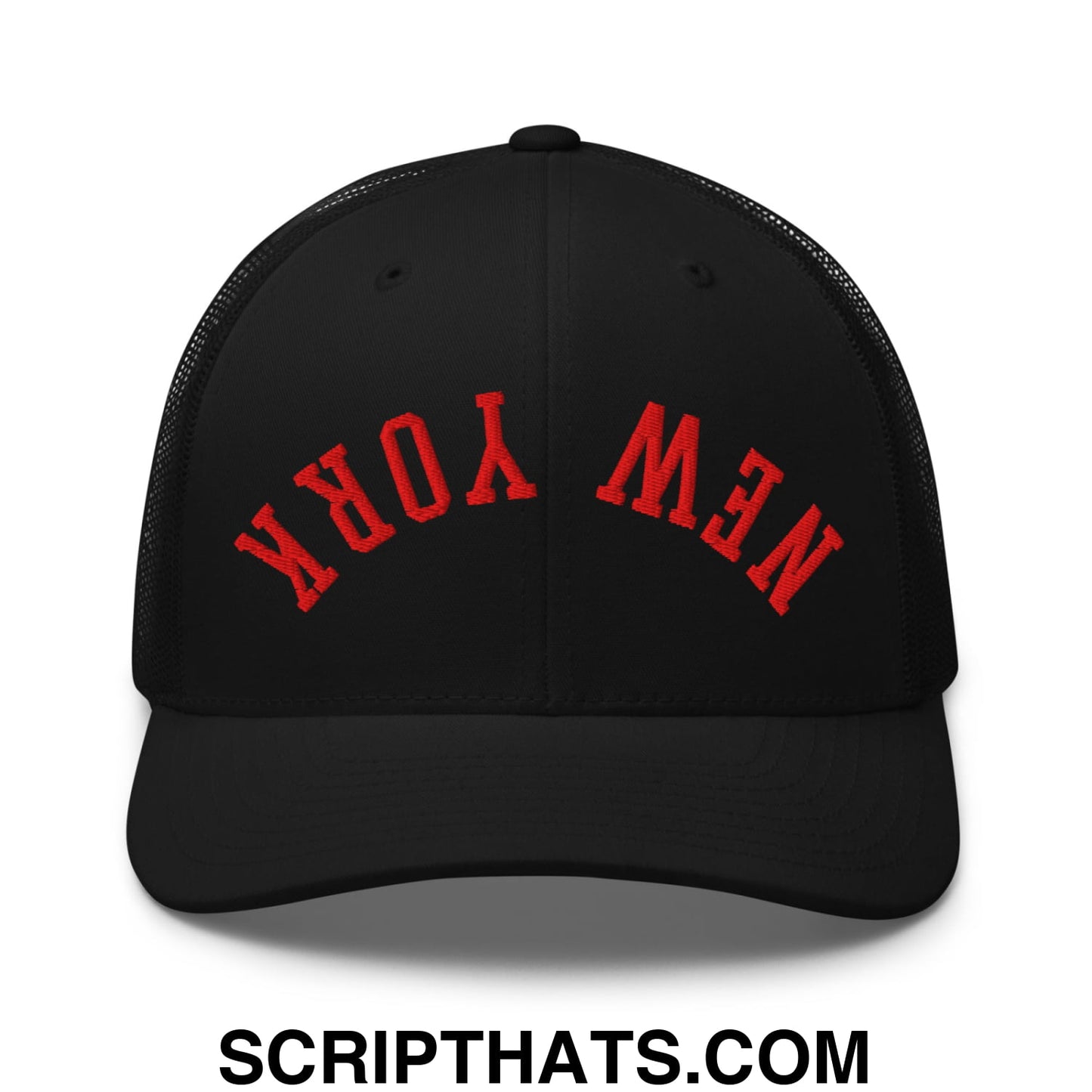 Upside Down New York Red Embroidered Mesh Trucker Hat Black