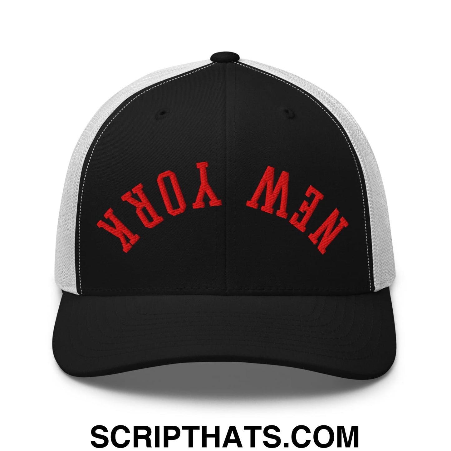 Upside Down New York Red Embroidered Mesh Trucker Hat Black White