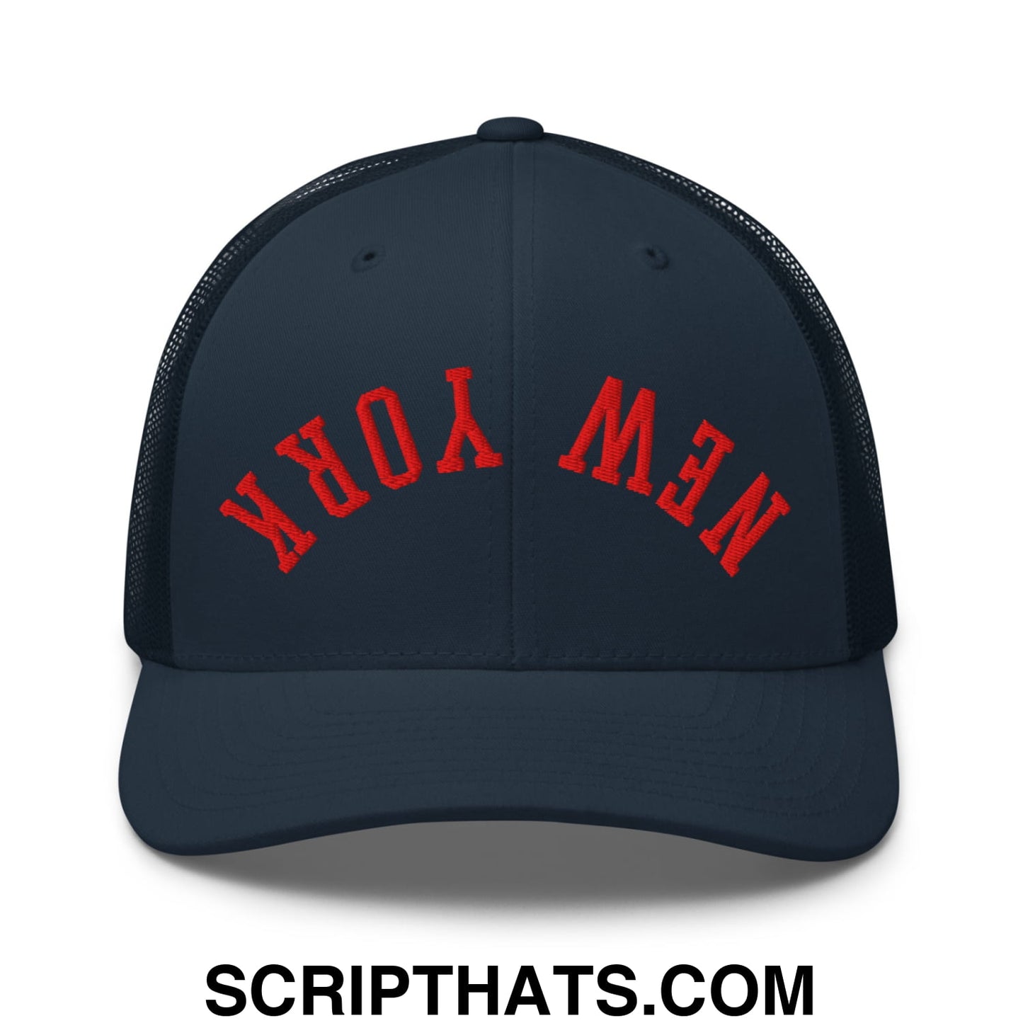 Upside Down New York Red Embroidered Mesh Trucker Hat Navy