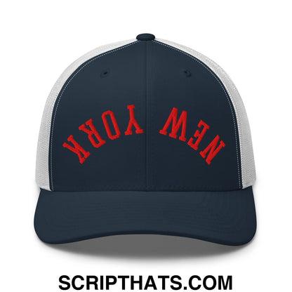 Upside Down New York Red Embroidered Mesh Trucker Hat Navy White