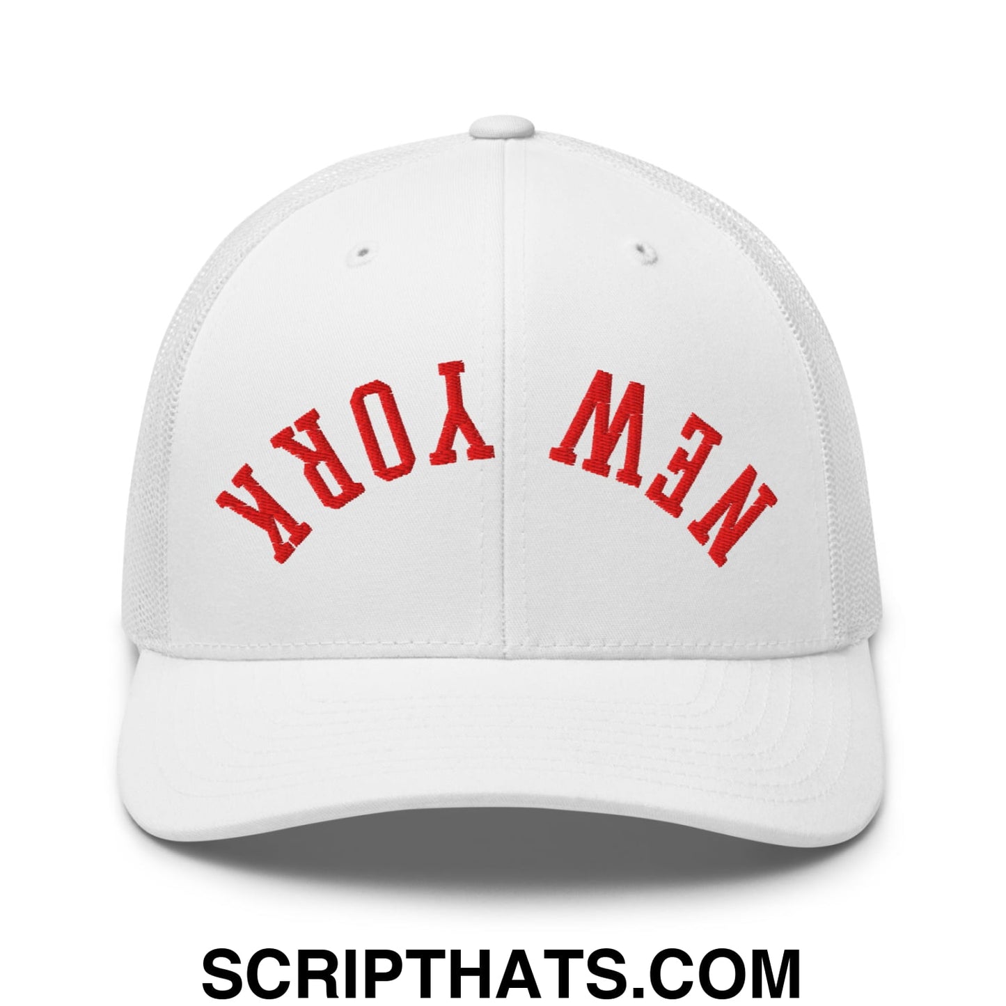 Upside Down New York Red Embroidered Mesh Trucker Hat White