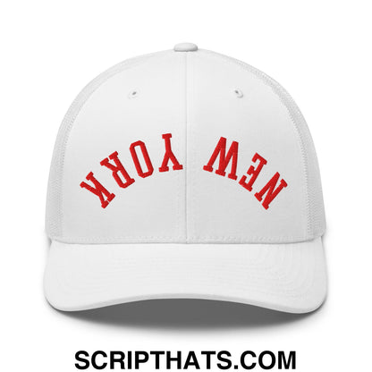 Upside Down New York Red Embroidered Mesh Trucker Hat White