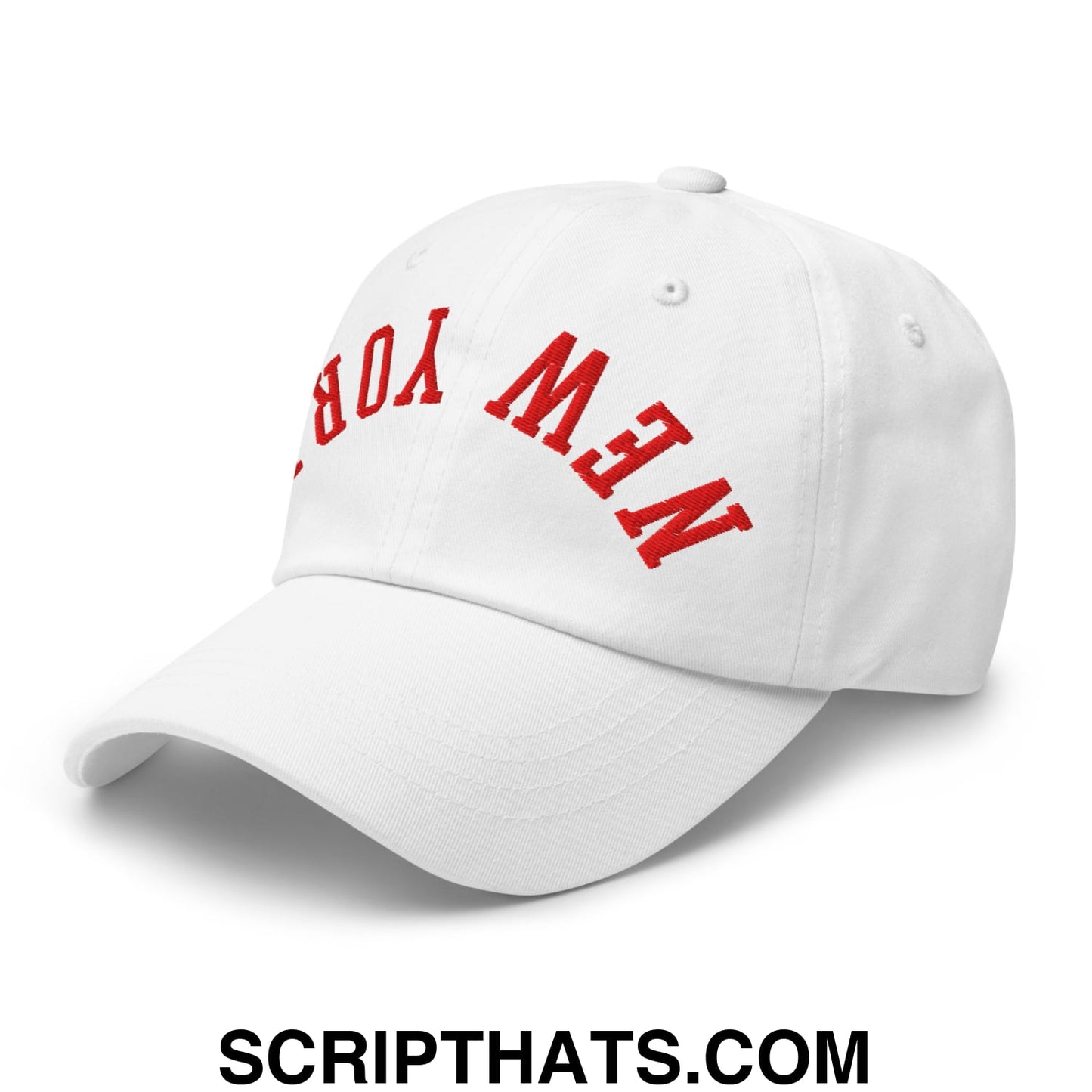 Upside Down New York Red Embroidered Unstructured Dad Hat White