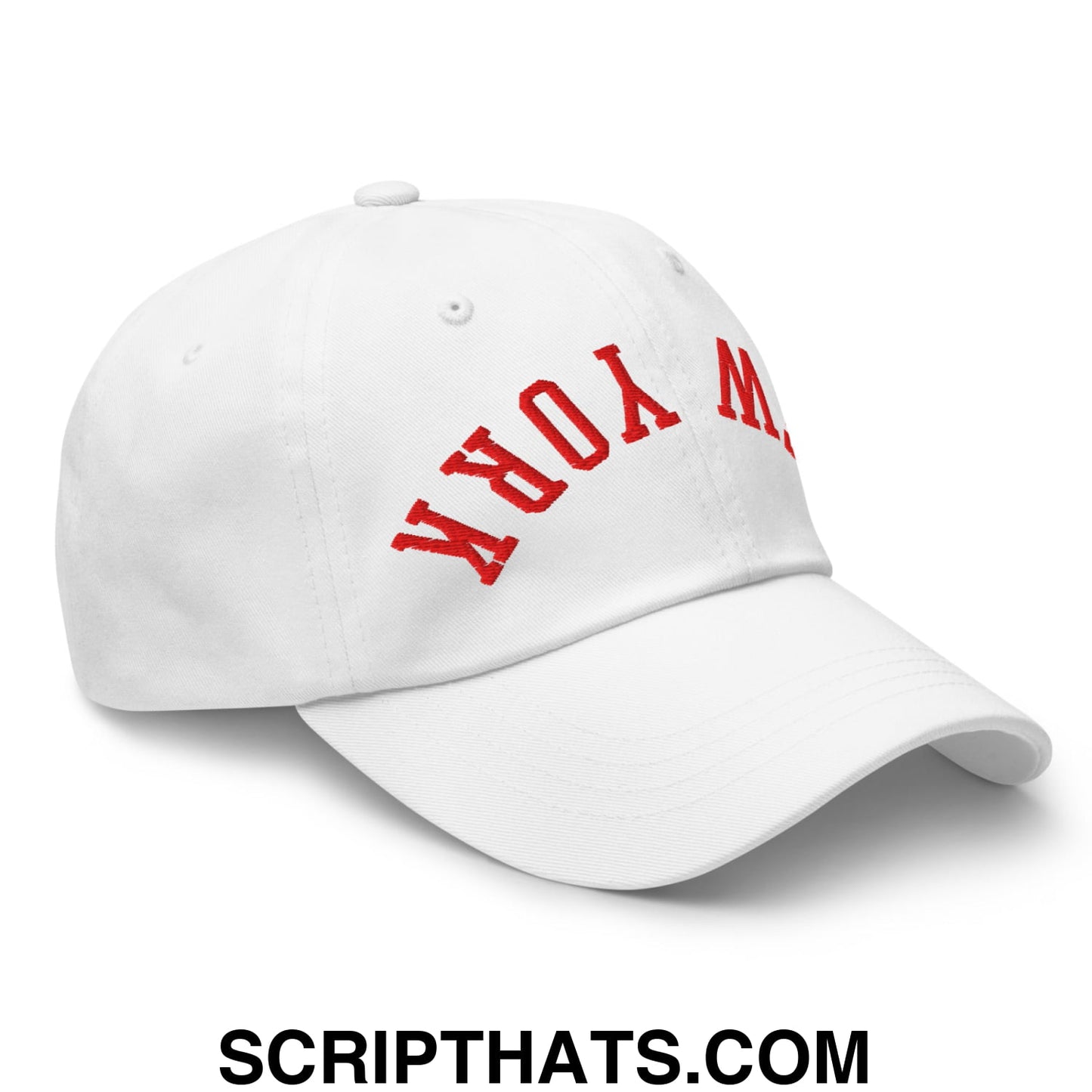 Upside Down New York Red Embroidered Unstructured Dad Hat White