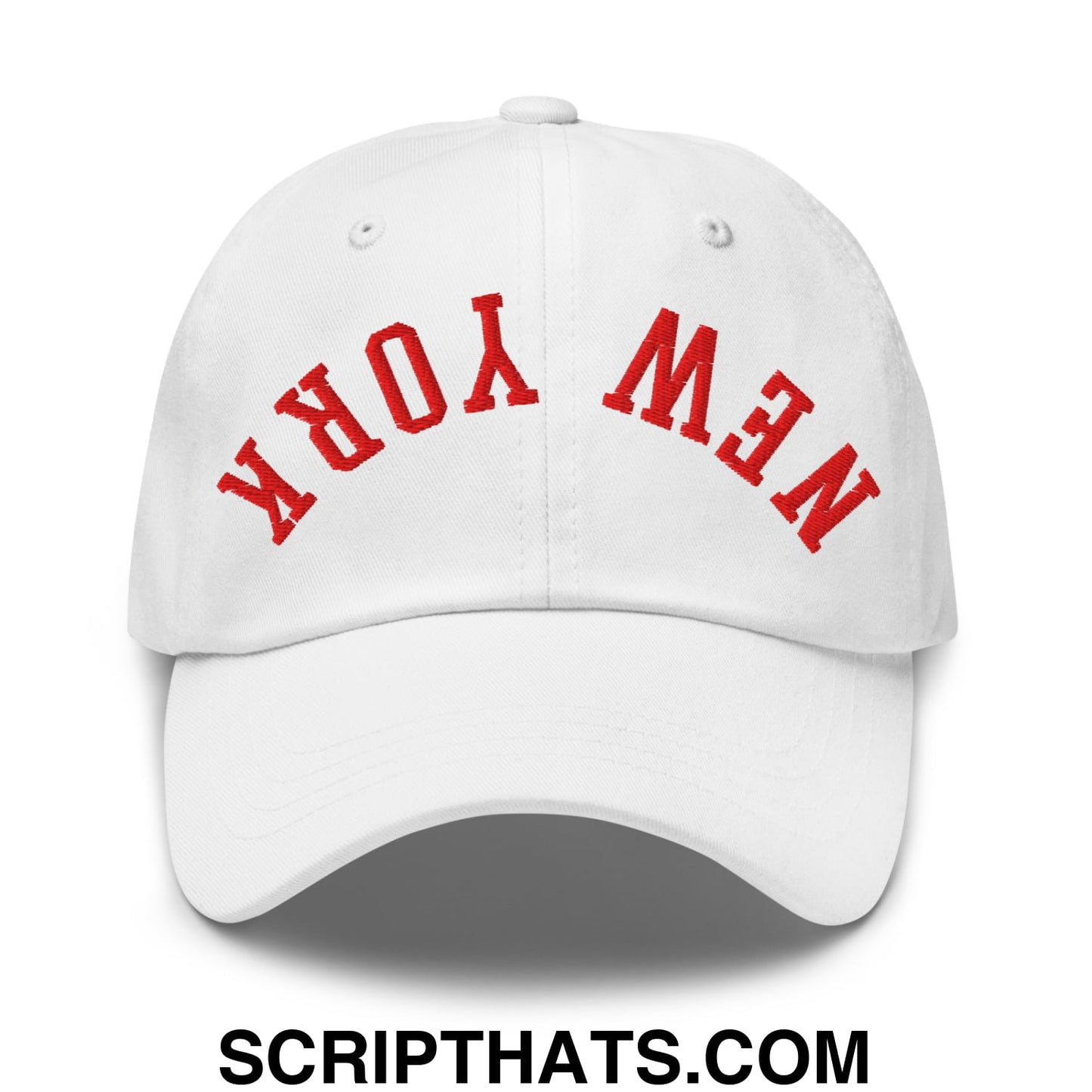 Upside Down New York Red Embroidered Unstructured Dad Hat White