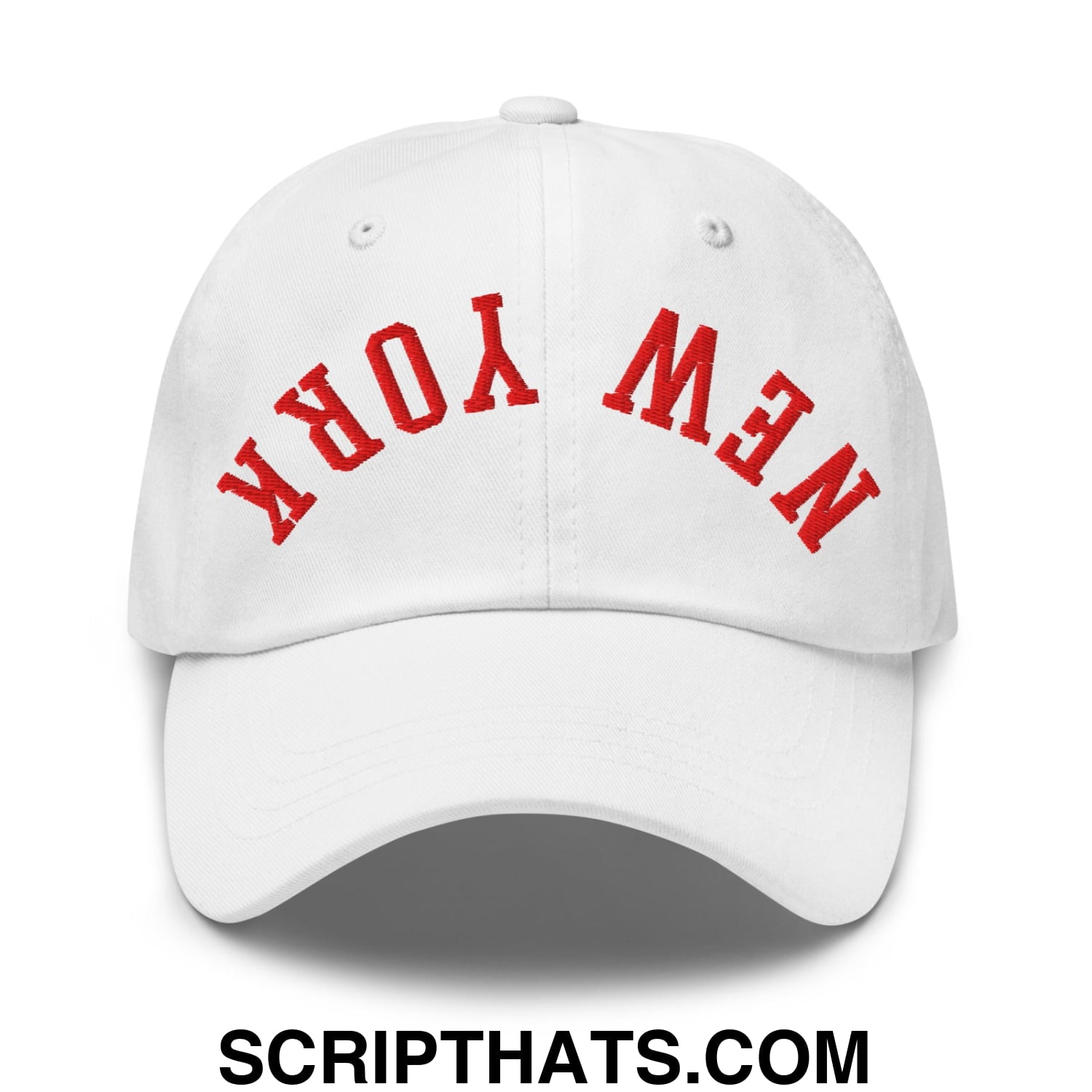 Upside Down New York Red Embroidered Unstructured Dad Hat White