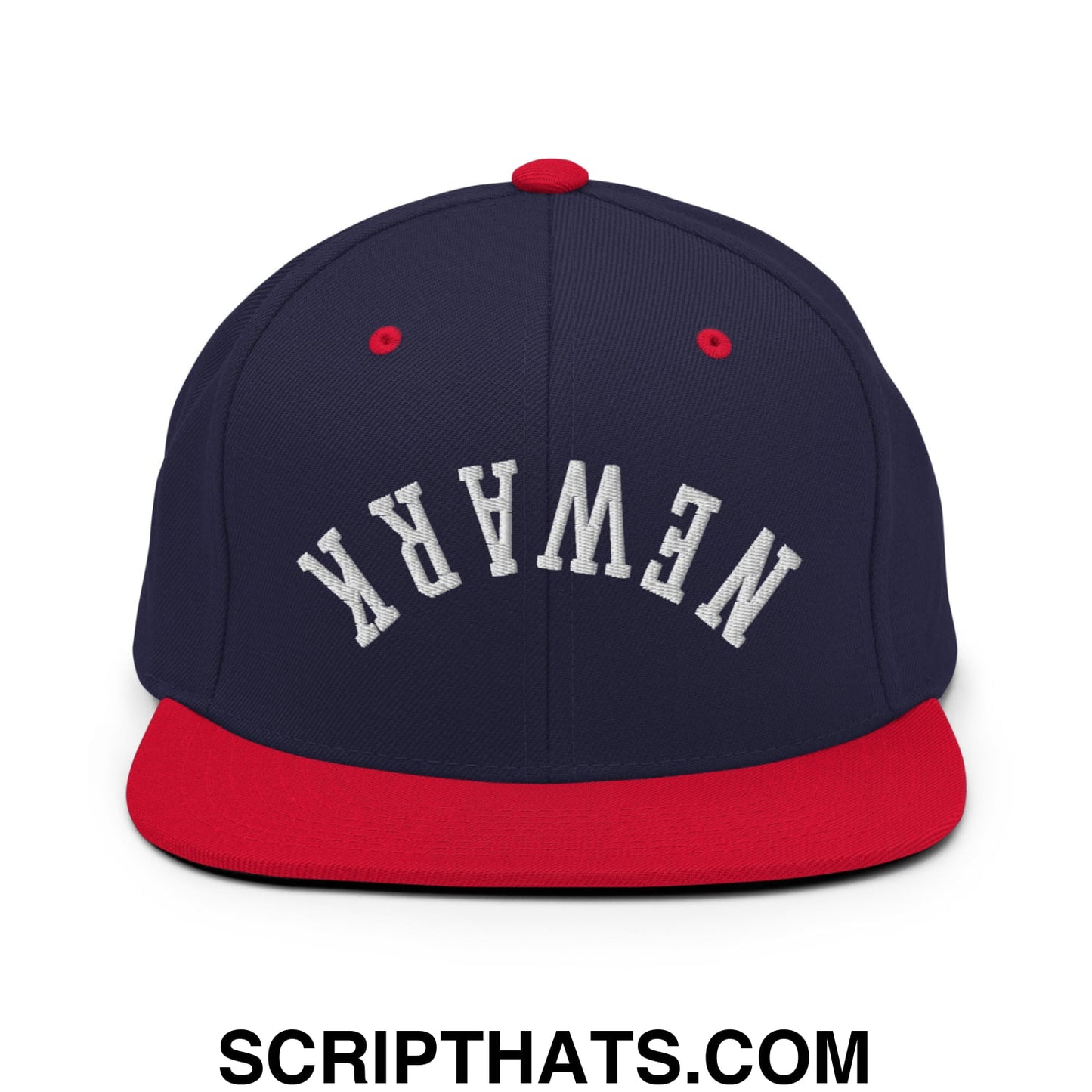 Upside Down Newark Embroidered Flat Bill Brim Snapback Hat Navy Red