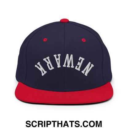 Upside Down Newark Embroidered Flat Bill Brim Snapback Hat Navy Red