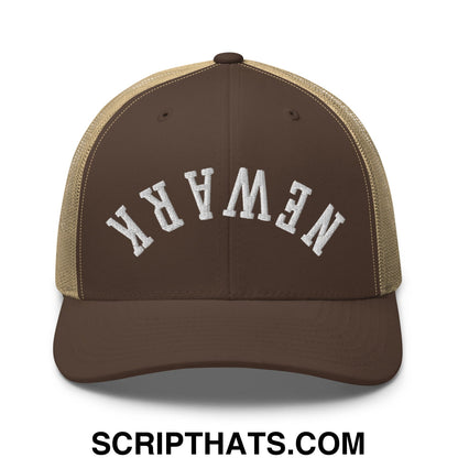 Upside Down Newark Embroidered Mesh Trucker Hat Brown Khaki