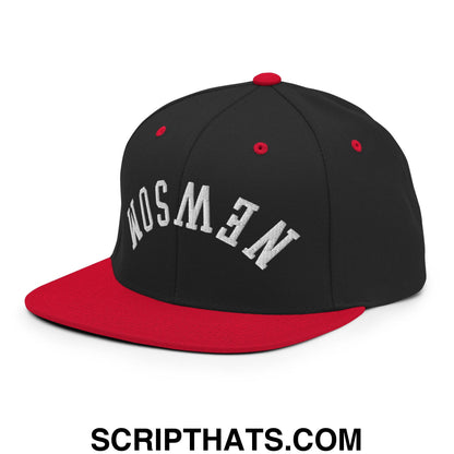 Upside Down Newsom Embroidered Flat Bill Brim Snapback Hat Black Red