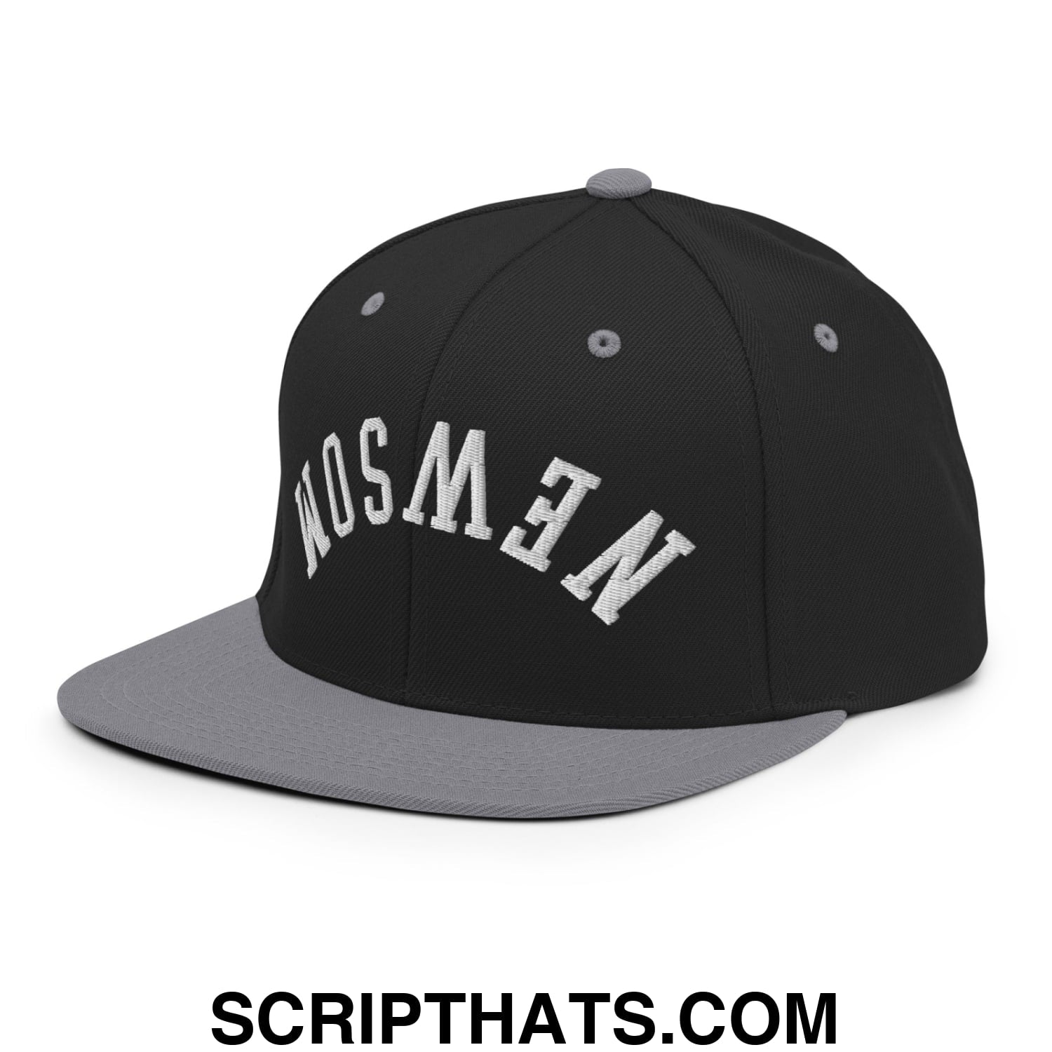 Upside Down Newsom Embroidered Flat Bill Brim Snapback Hat Black Silver