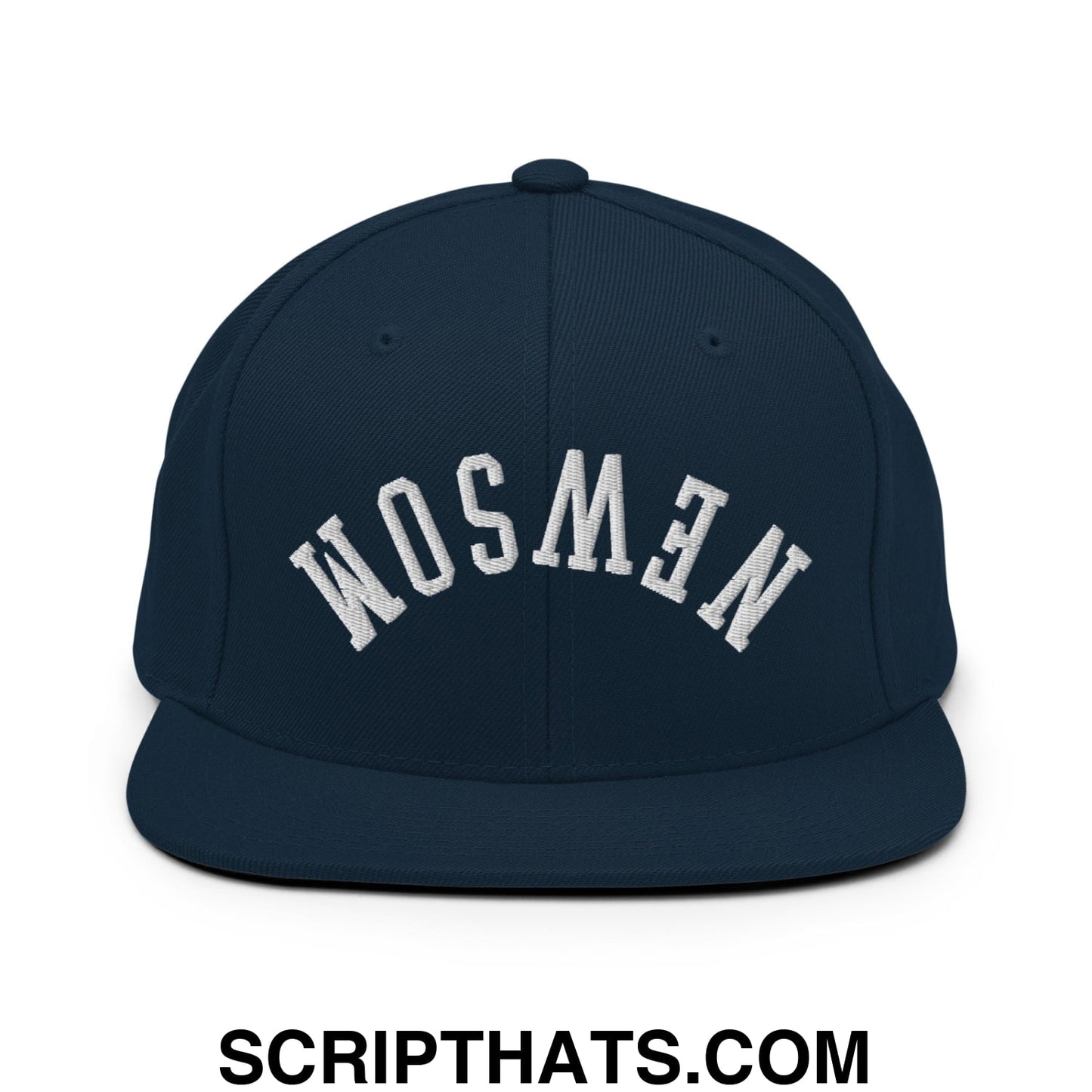 Upside Down Newsom Embroidered Flat Bill Brim Snapback Hat Dark Navy