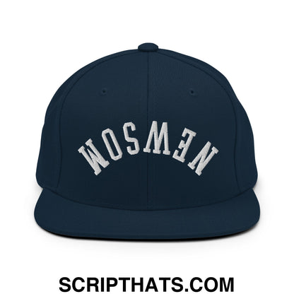 Upside Down Newsom Embroidered Flat Bill Brim Snapback Hat Dark Navy