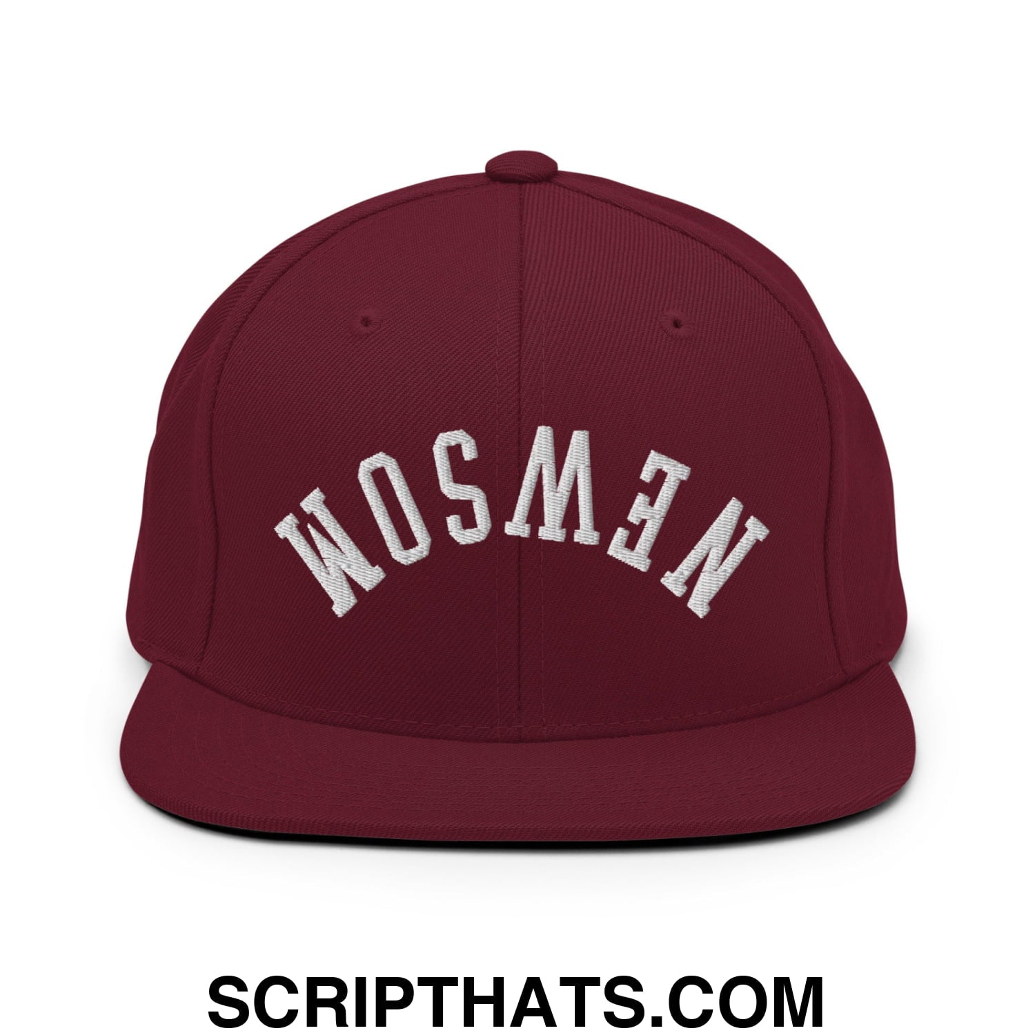 Upside Down Newsom Embroidered Flat Bill Brim Snapback Hat Maroon
