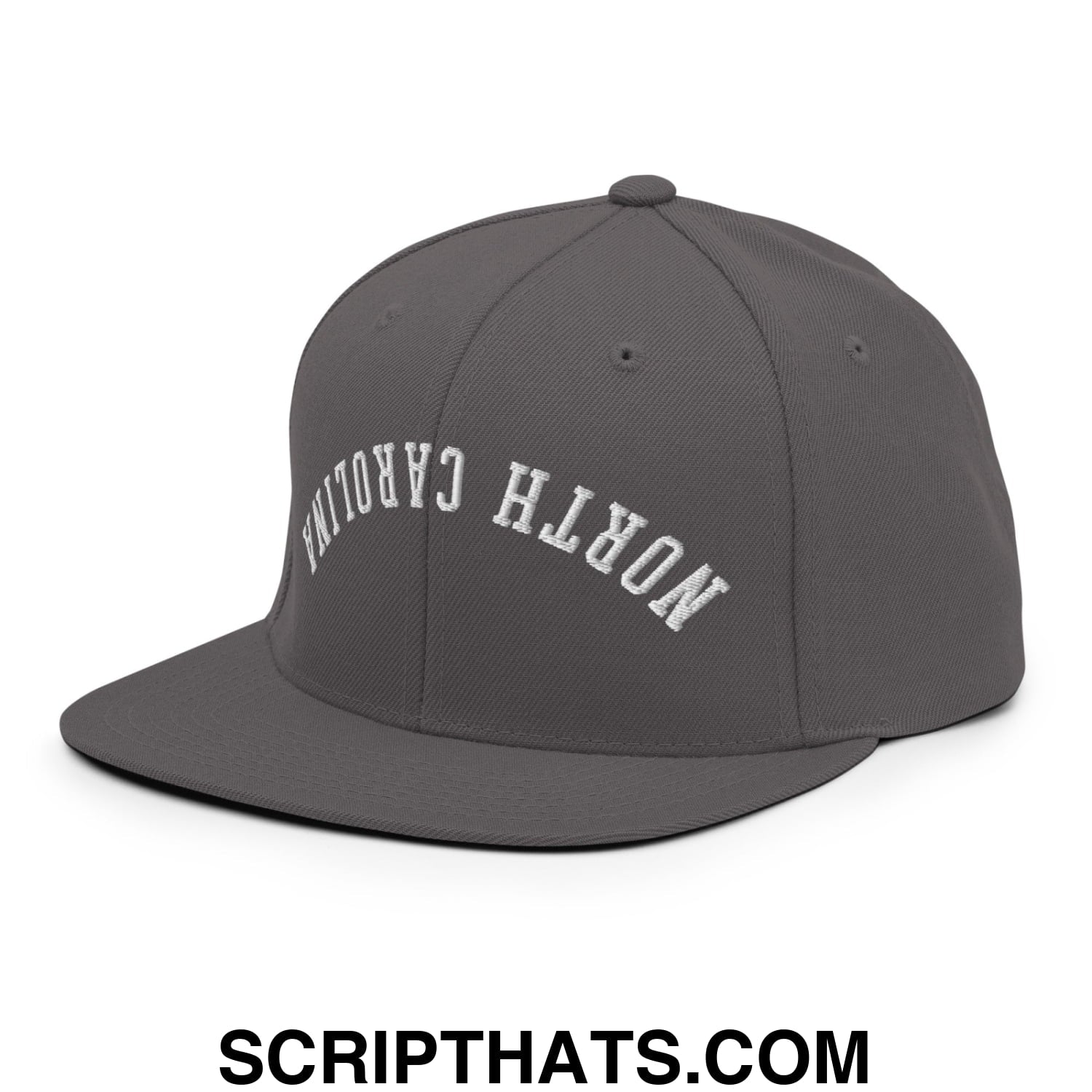Gray snapback hat with north carolina embroidered in white arched lettering and a flat bill brim