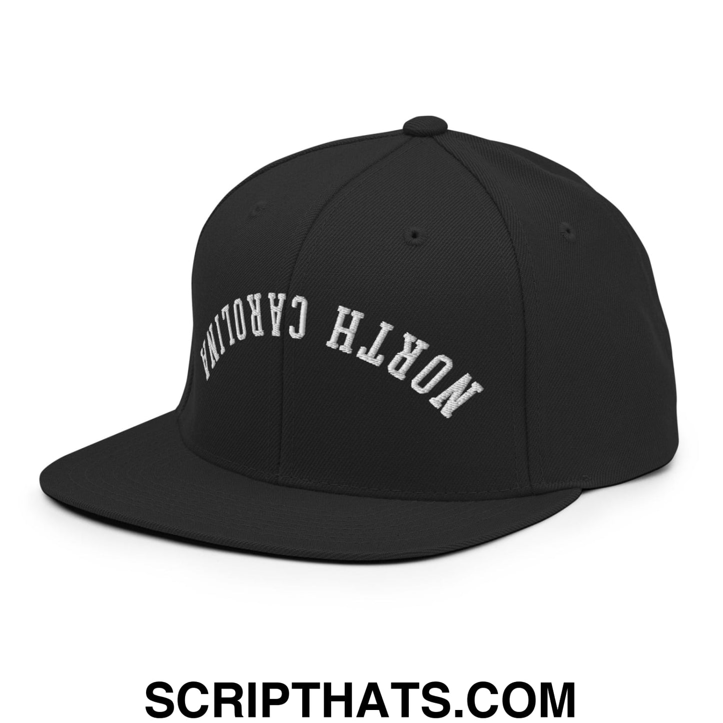 Black snapback cap with white embroidered north carolina text in an arched design and flat bill brim