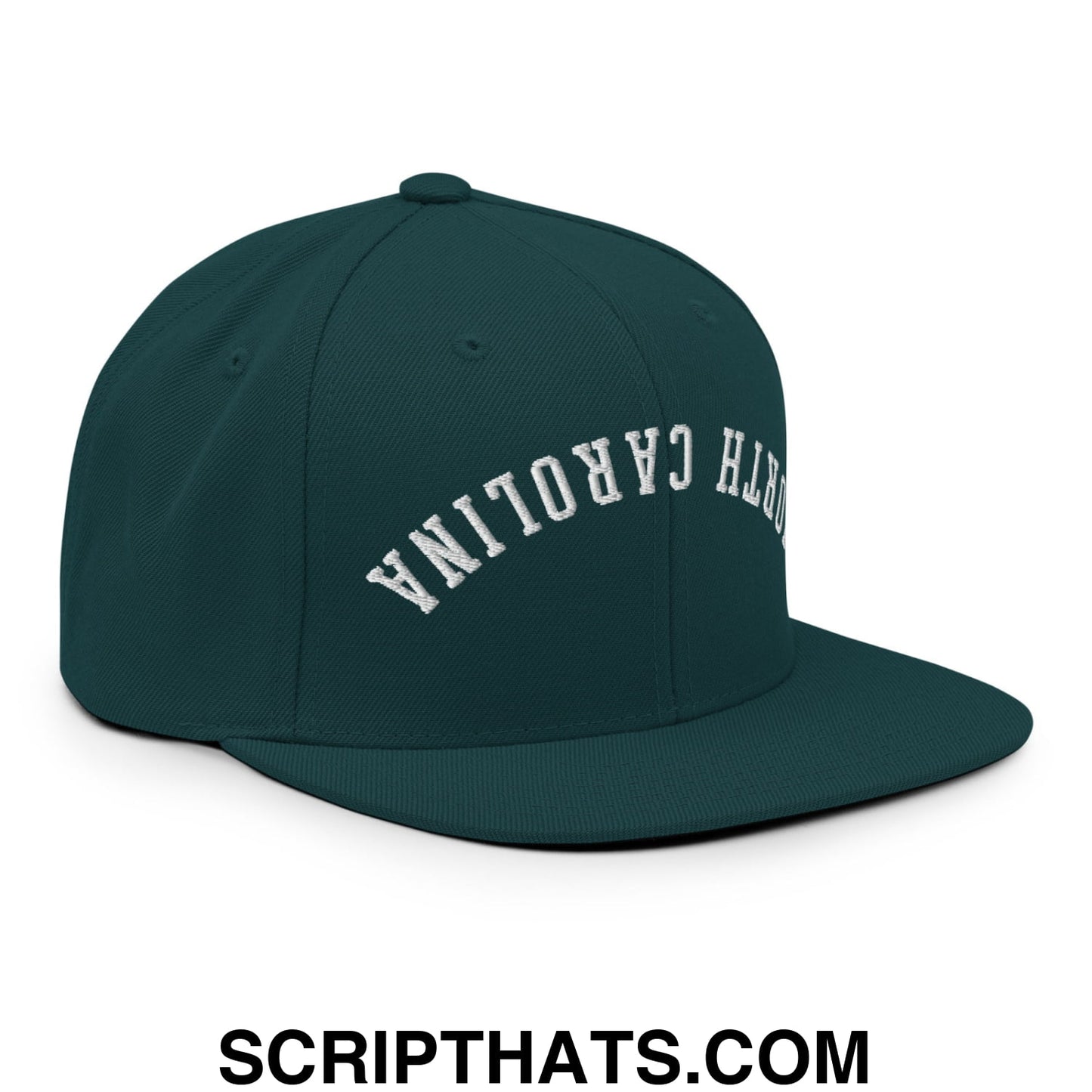 Dark green snapback hat with white embroidered north carolina lettering and flat bill brim for casual wear