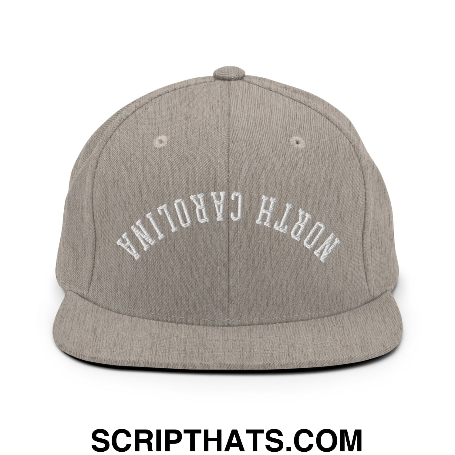 A heather gray snapback hat with north carolina embroidered in white arched lettering on the front panel