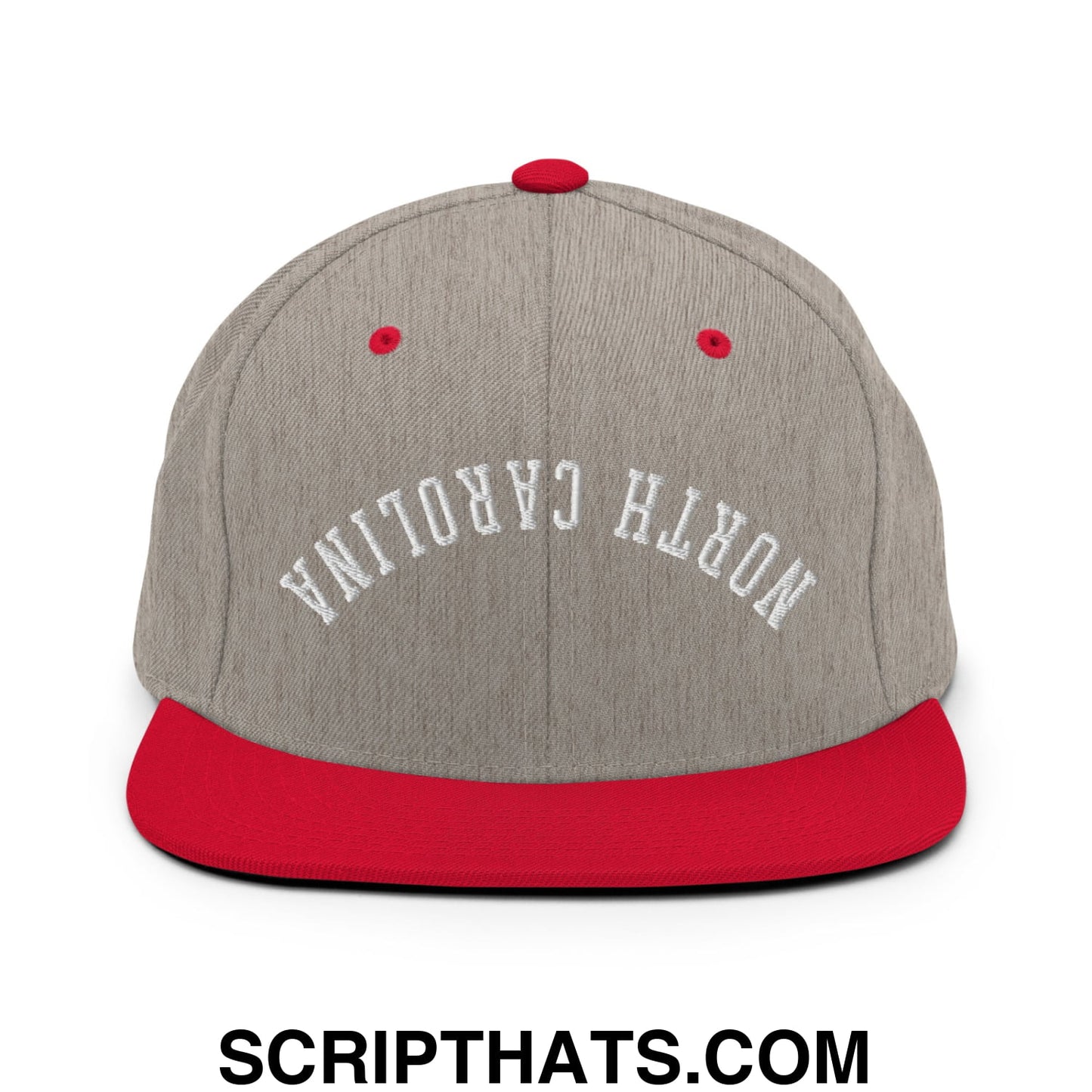 Gray and red snapback cap with upside down north carolina embroidered in white on flat bill brim