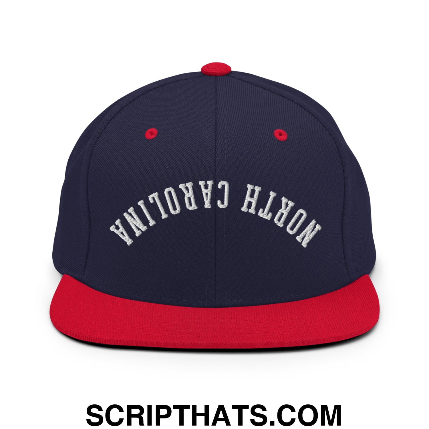 Navy blue and red snapback hat with white embroidered north carolina text and flat bill brim design