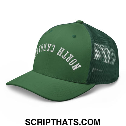 Green trucker hat with white embroidered north carolina arch and mesh back branded upside down north carolina