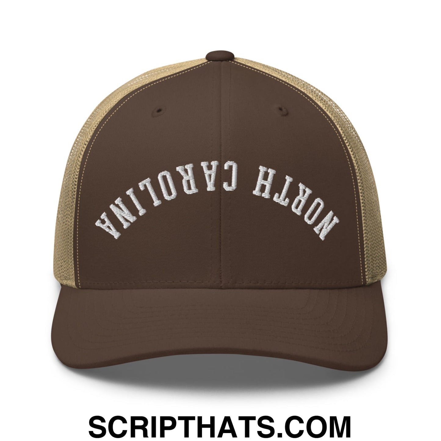 Brown and tan mesh trucker hat with white north carolina embroidered in arched lettering front panel