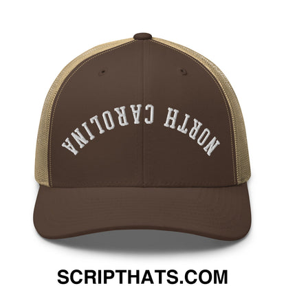 Brown and tan mesh trucker hat with white north carolina embroidered in arched lettering front panel
