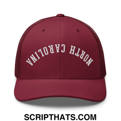 Maroon mesh trucker hat with white embroidered north carolina text front upsidedown design