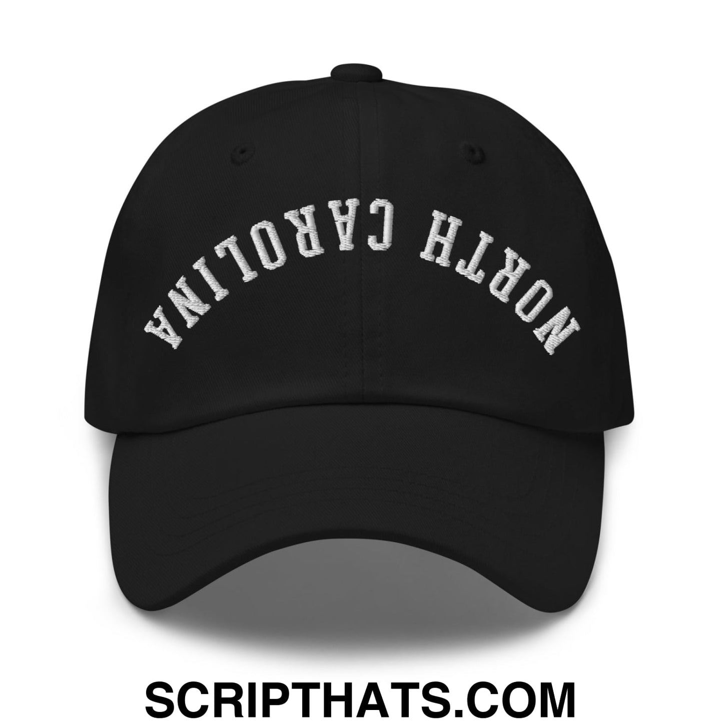 Black upside down unstructured dad hat with white embroidered north carolina arch on front panel