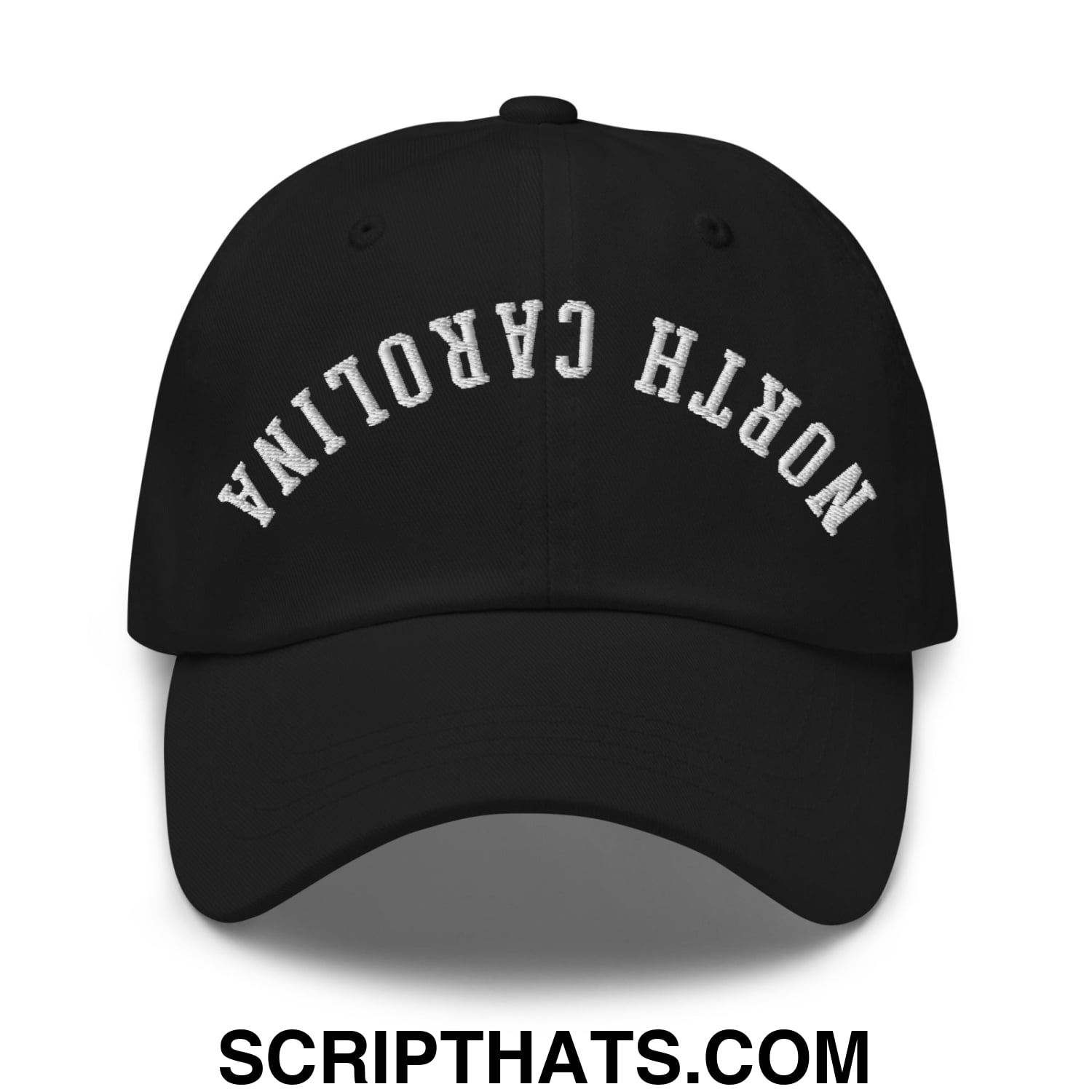 Black upside down unstructured dad hat with white embroidered north carolina arch on front panel