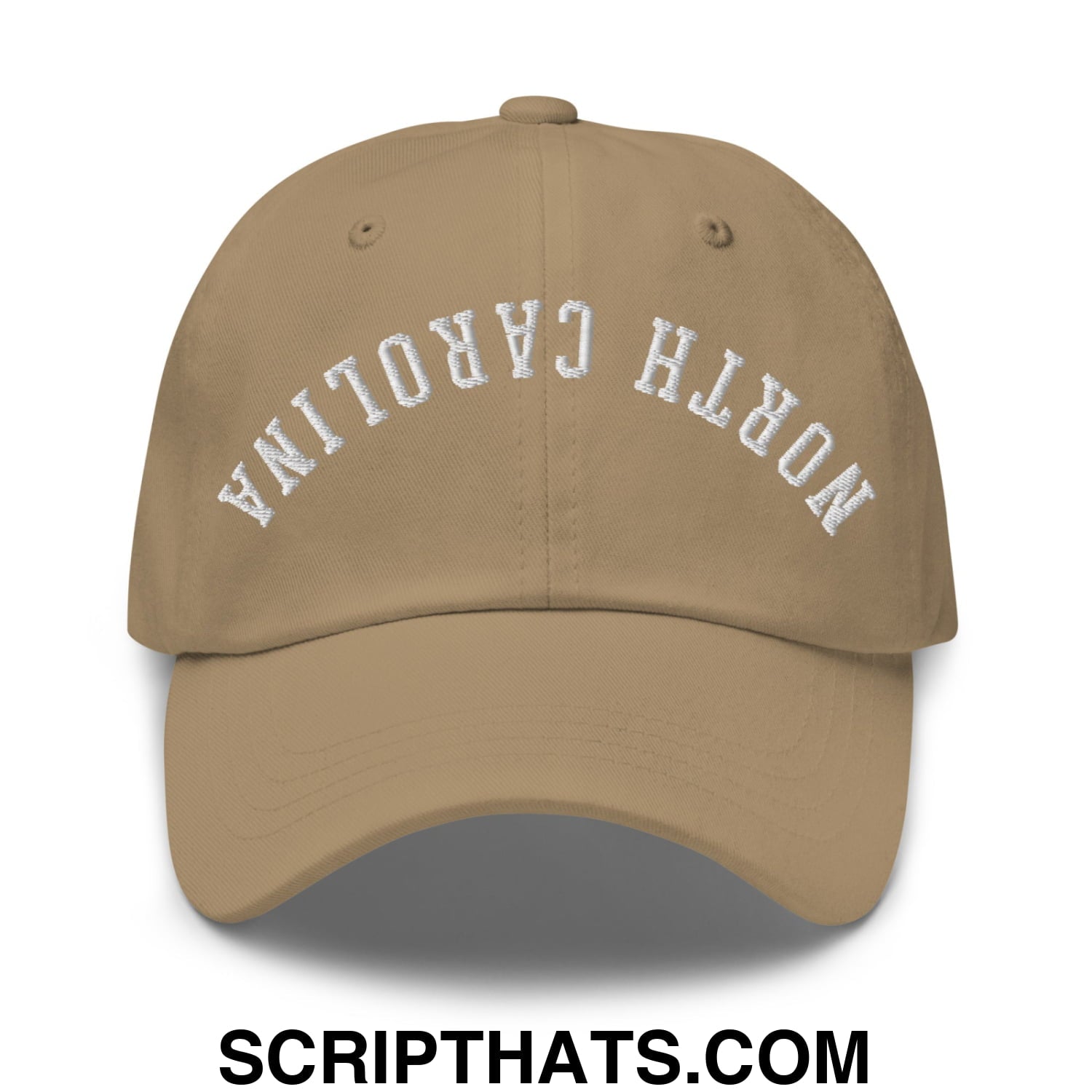 Beige unstructured dad hat with white embroidered north carolina arch on front in upside down design