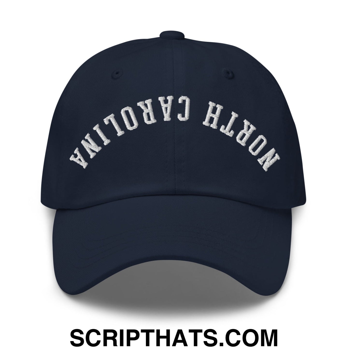 Navy blue unstructured dad hat with white embroidered north carolina arch on front panel