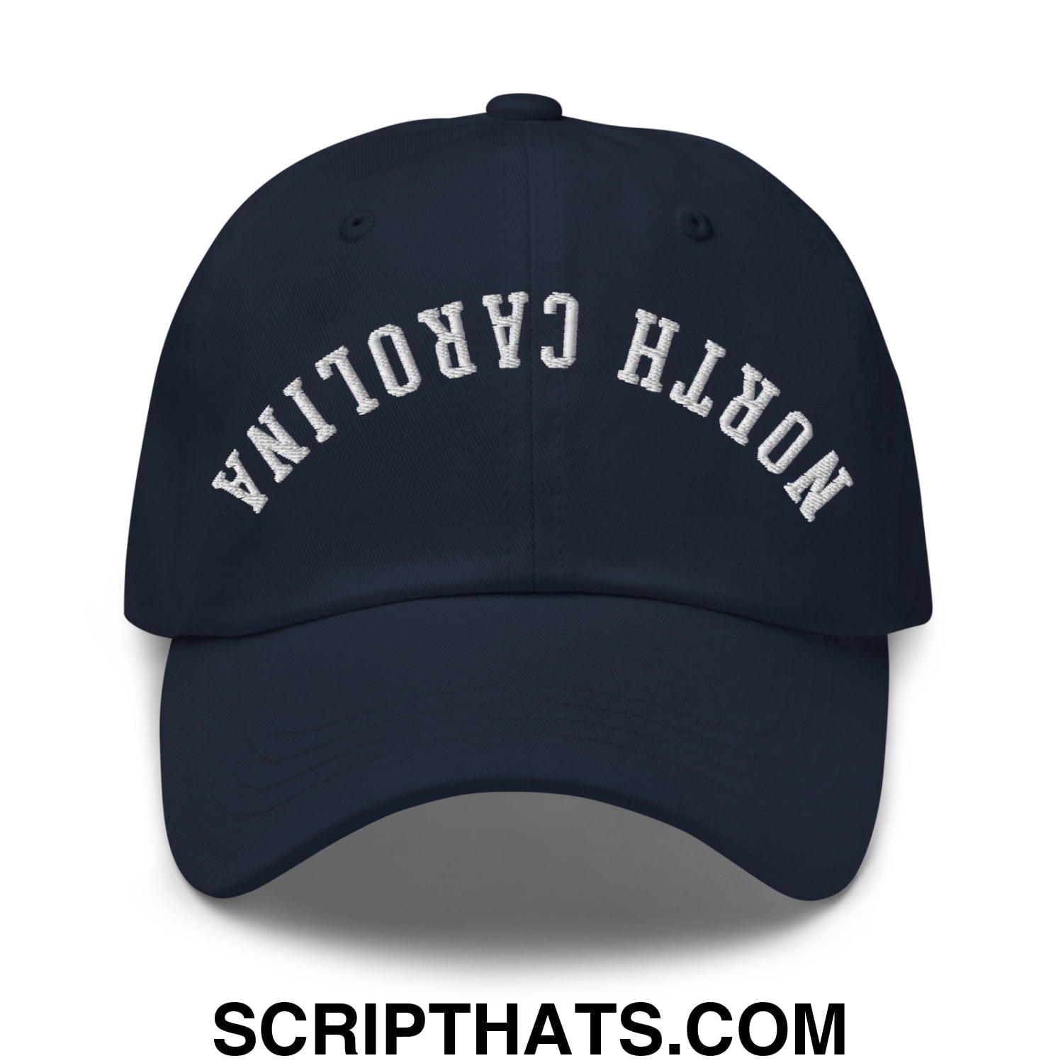 Navy blue unstructured dad hat with white embroidered north carolina arch on front panel