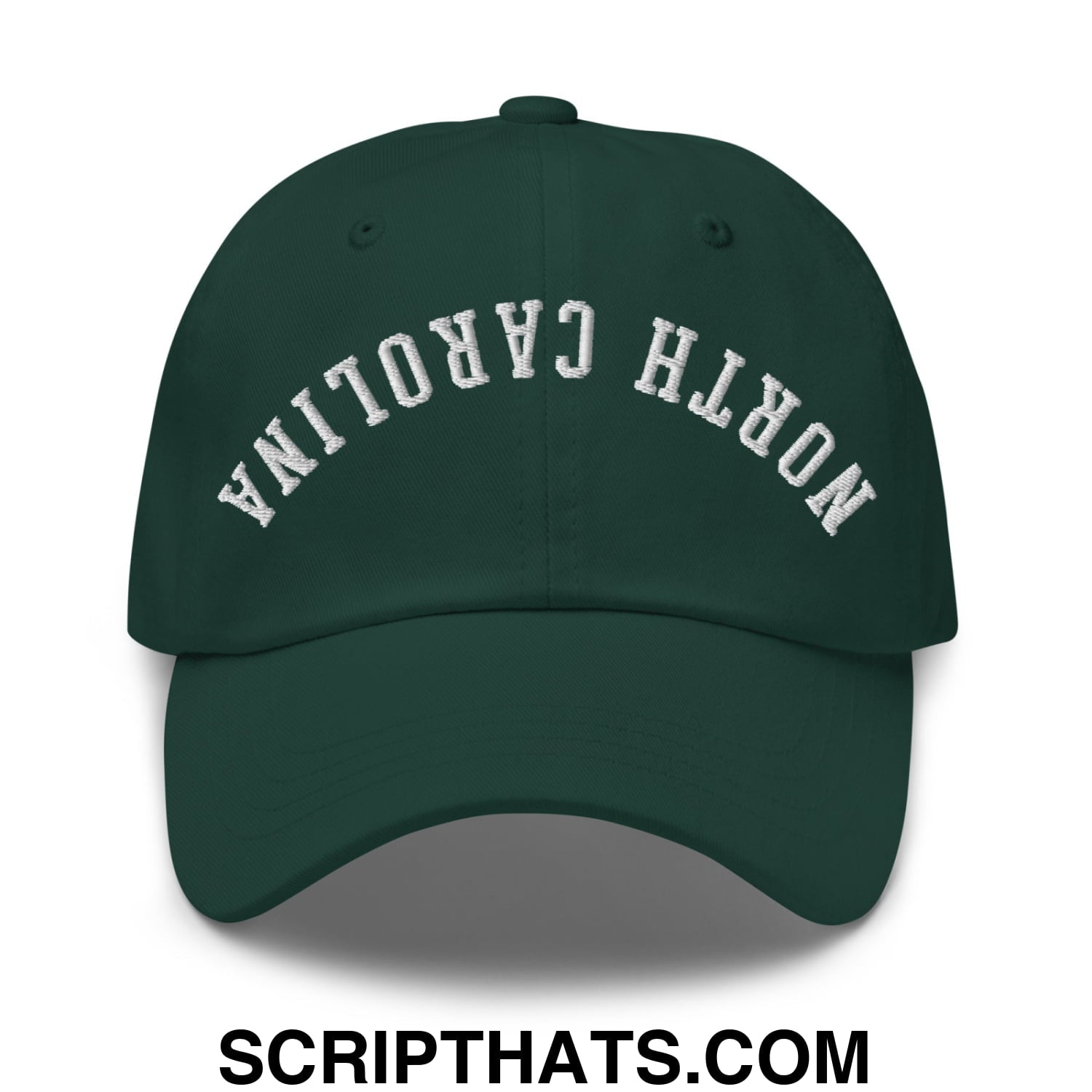 Dark green unstructured dad hat with white embroidered north carolina text in an arched design