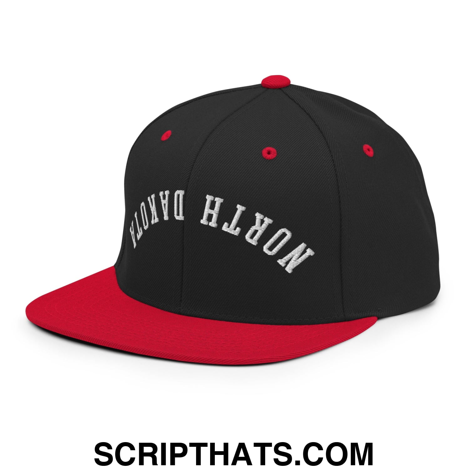 Upside Down North Dakota Embroidered Flat Bill Brim Snapback Hat Black Red
