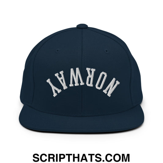 Navy blue snapback hat with white embroidered norway lettering and flat bill brim for casual wear